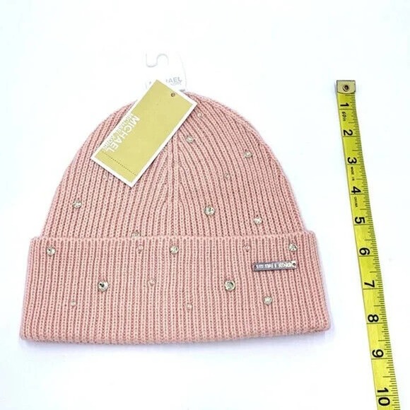 Michael Kors Crystal Embellished Logo Beanie Hat One Size Powder Blush Nwt $88